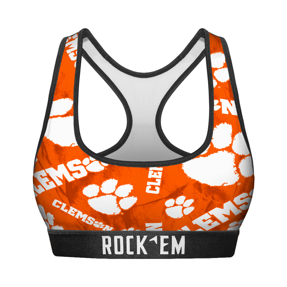 Rock 'Em Socks Women's Sports Bra - Clemson Tigers - Logo All-Over — main product shot