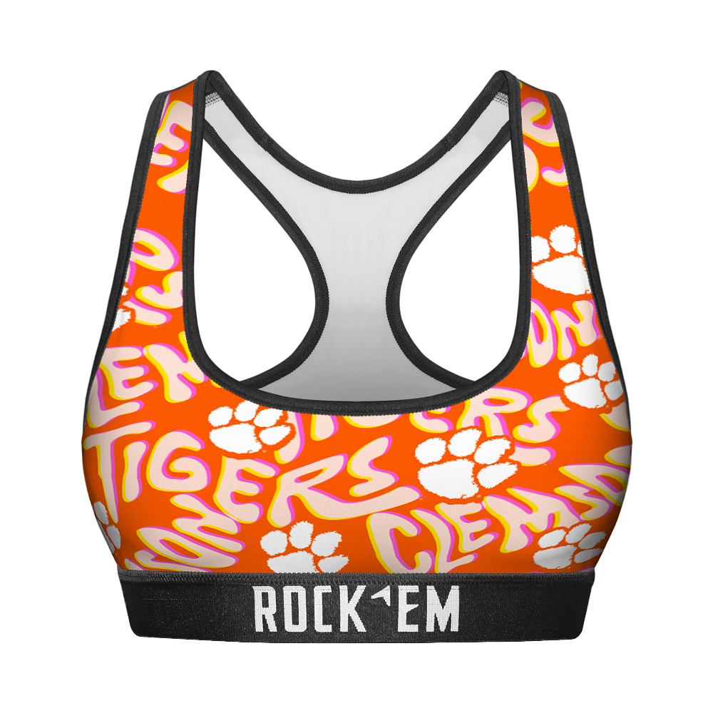 Rock 'Em Socks Women's Sports Bra - Clemson Tigers - Twisted Wordmark — main product shot