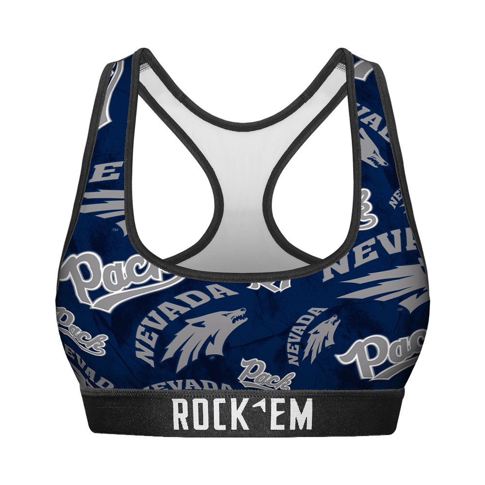 Rock 'Em Socks Women's Sports Bra - Nevada Wolf Pack - Logo All-Over — main product shot