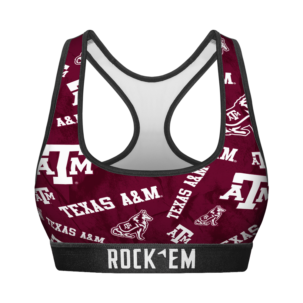 Rock 'Em Socks Women's Sports Bra - Texas A&M Aggies - Logo All-Over — main product shot