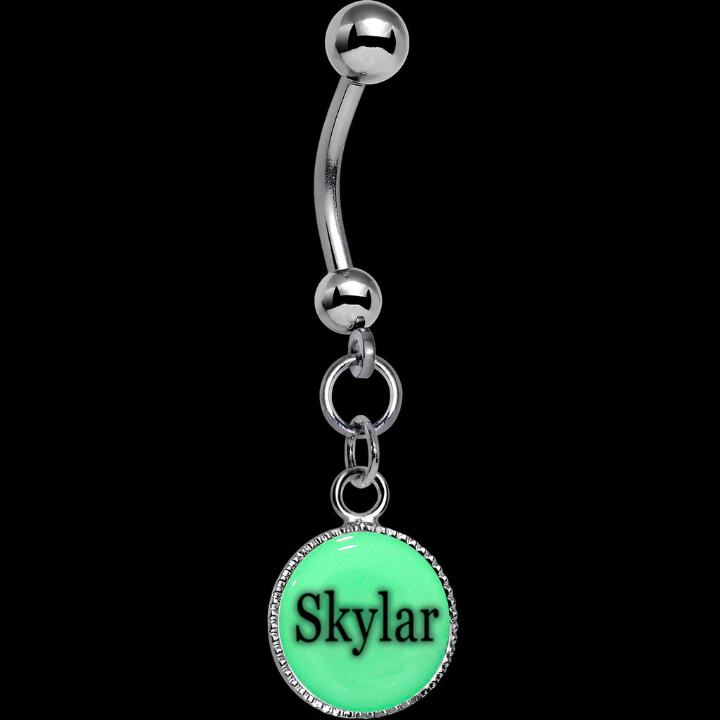 BodyCandy Custom Glow in the Dark Personalized Name Dangle Belly Ring — detail close-up