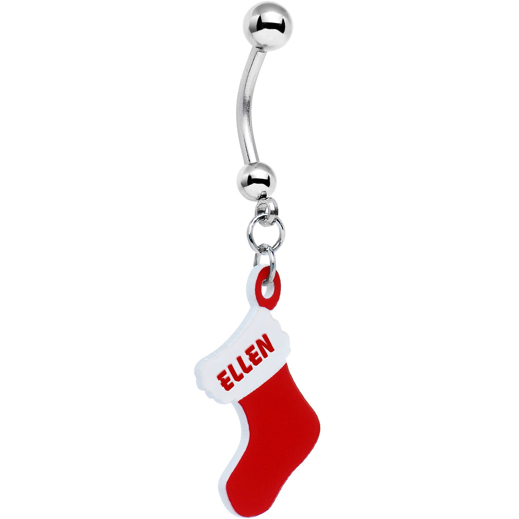 BodyCandy Custom Red White Christmas Stocking Personalized Dangle Belly Ring — detail close-up