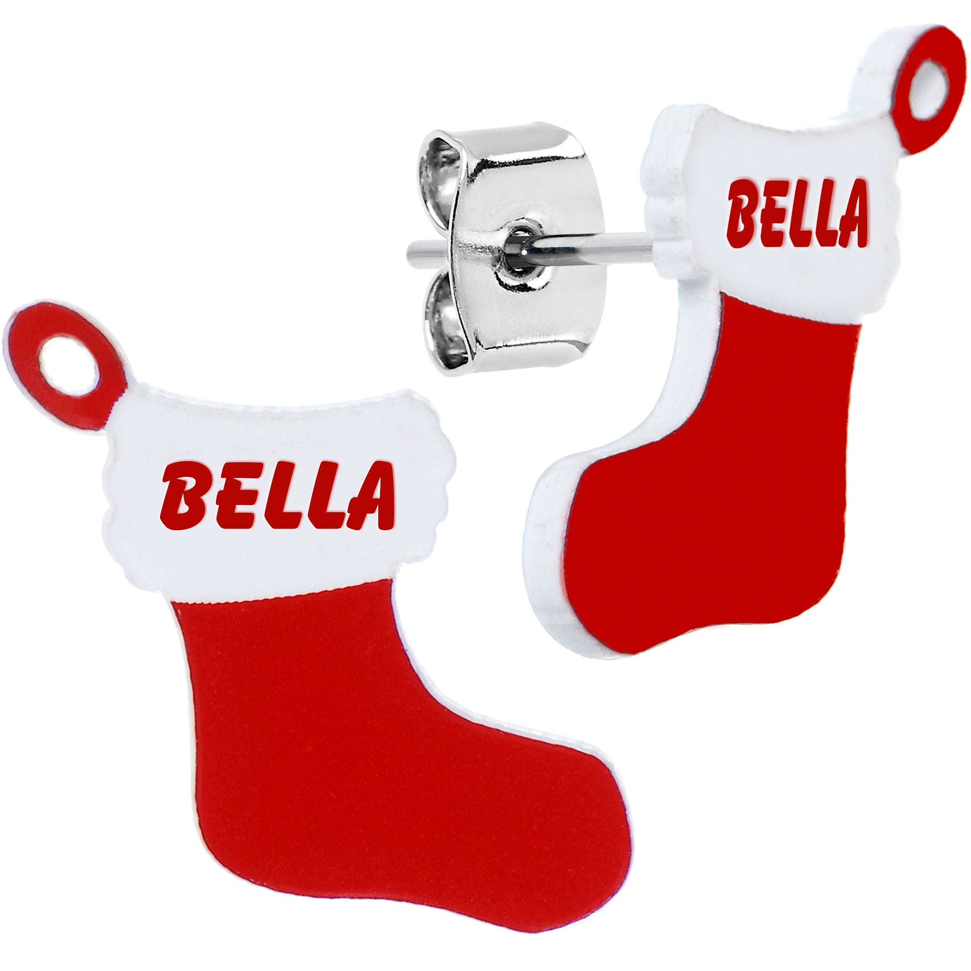 BodyCandy Custom Holiday Christmas Stocking Personalized Name Stud Earrings — detail close-up