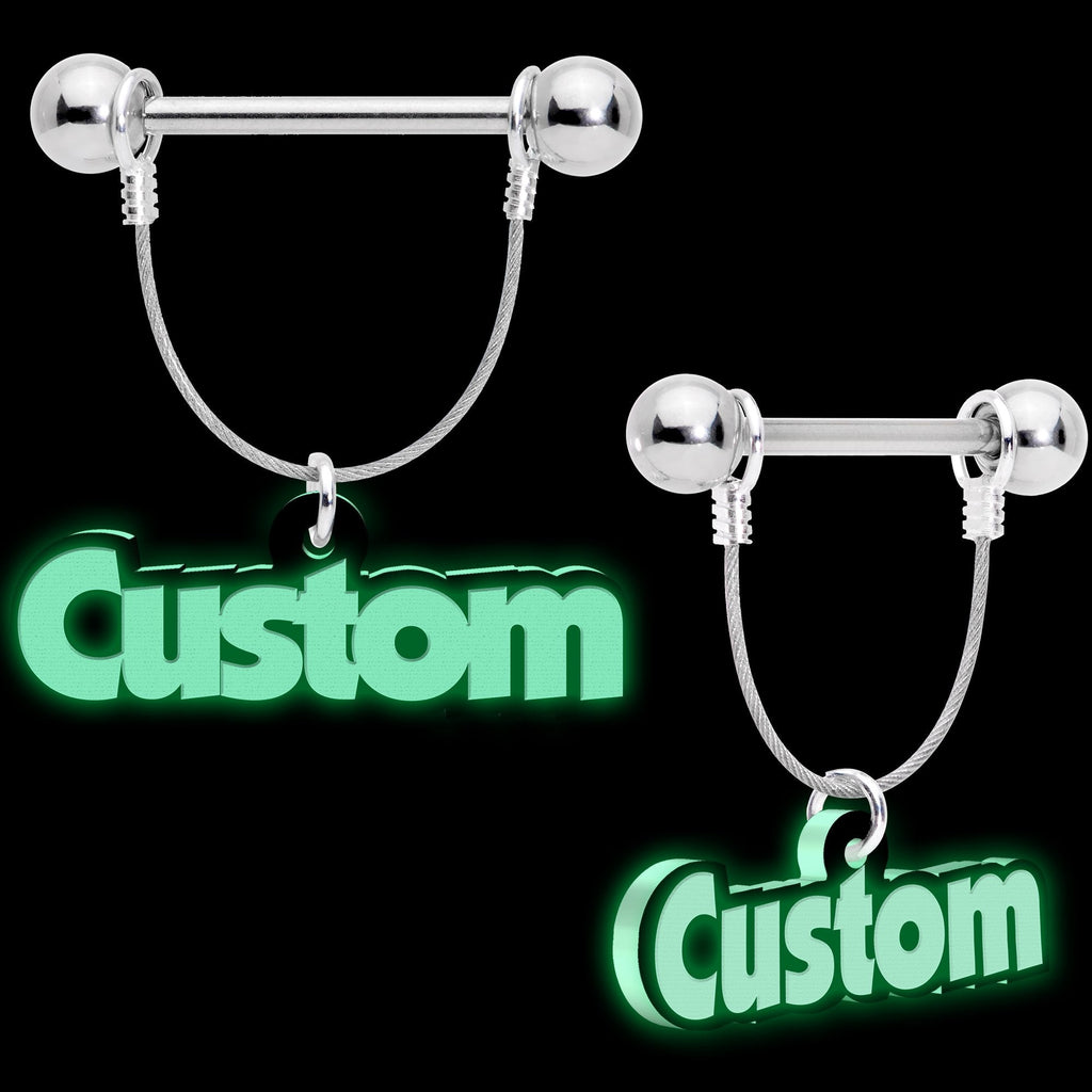 BodyCandy Custom Glow in the Dark Personalized Name Dangle Nipple Ring Set — detail close-up