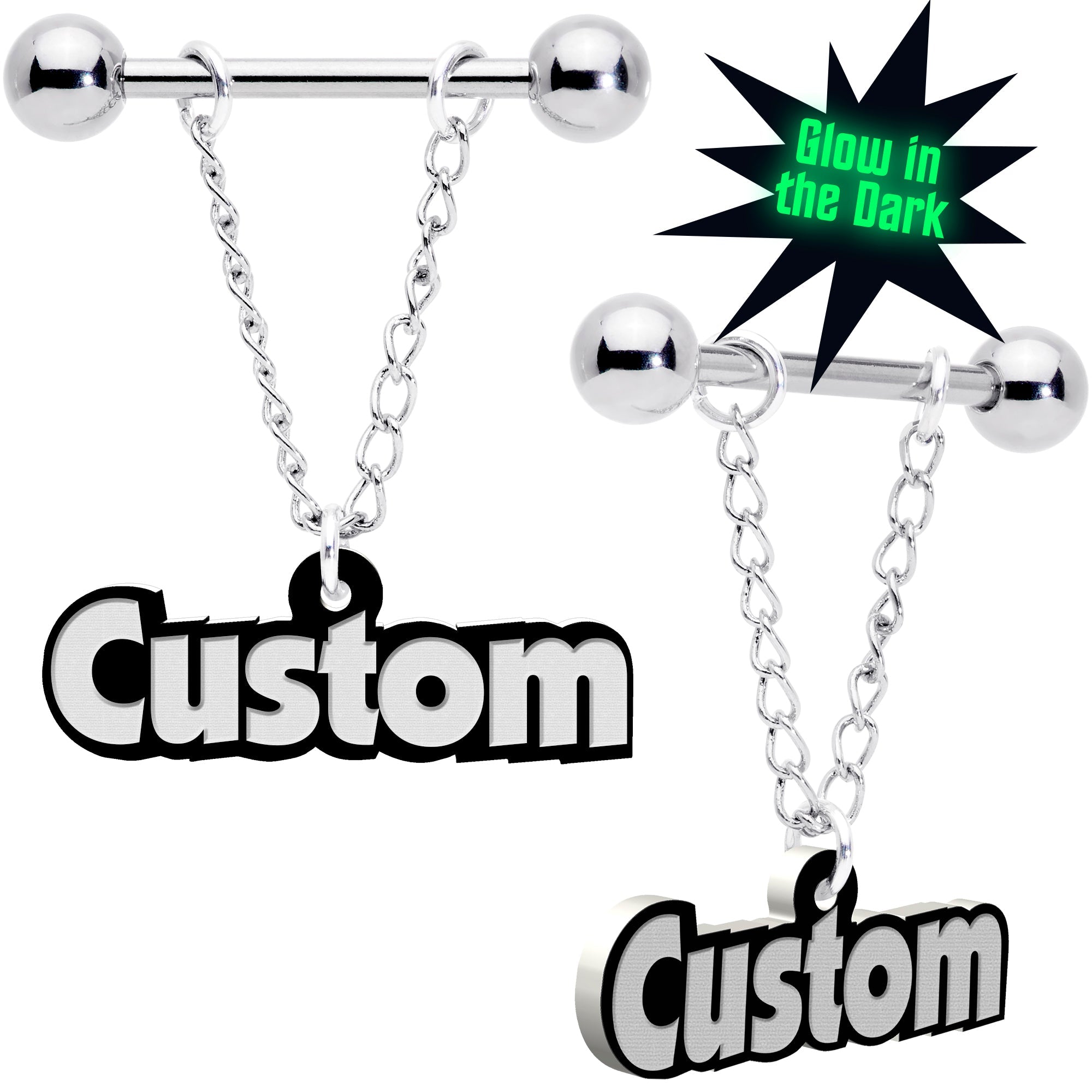 BodyCandy Custom Glow in the Dark Chain Personalized Name Dangle Nipple Ring Set — main product shot