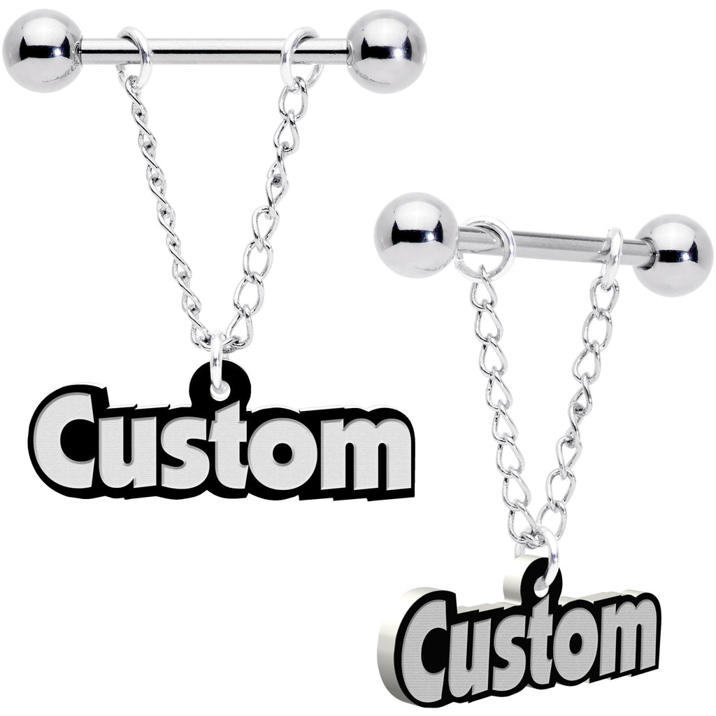 BodyCandy Custom Glow in the Dark Chain Personalized Name Dangle Nipple Ring Set — detail close-up