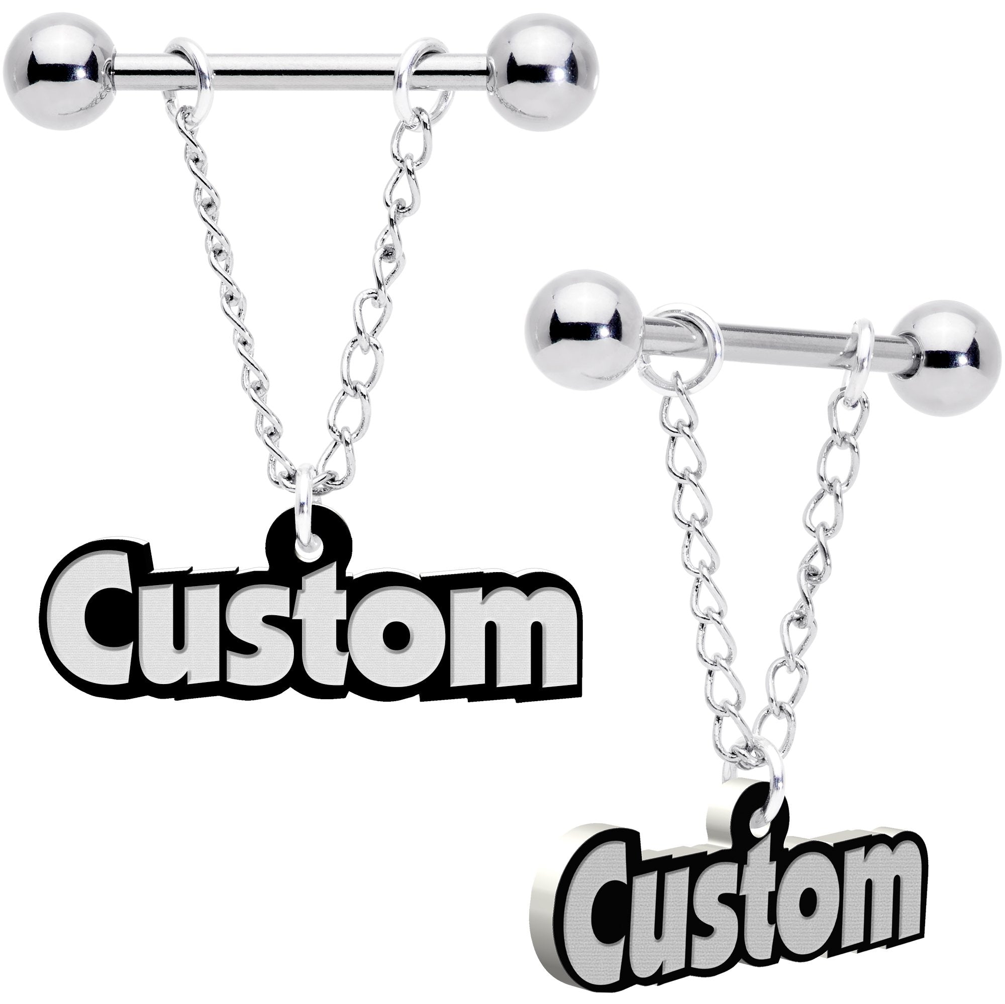 BodyCandy Custom Glow in the Dark Chain Personalized Name Dangle Nipple Ring Set — detail close-up