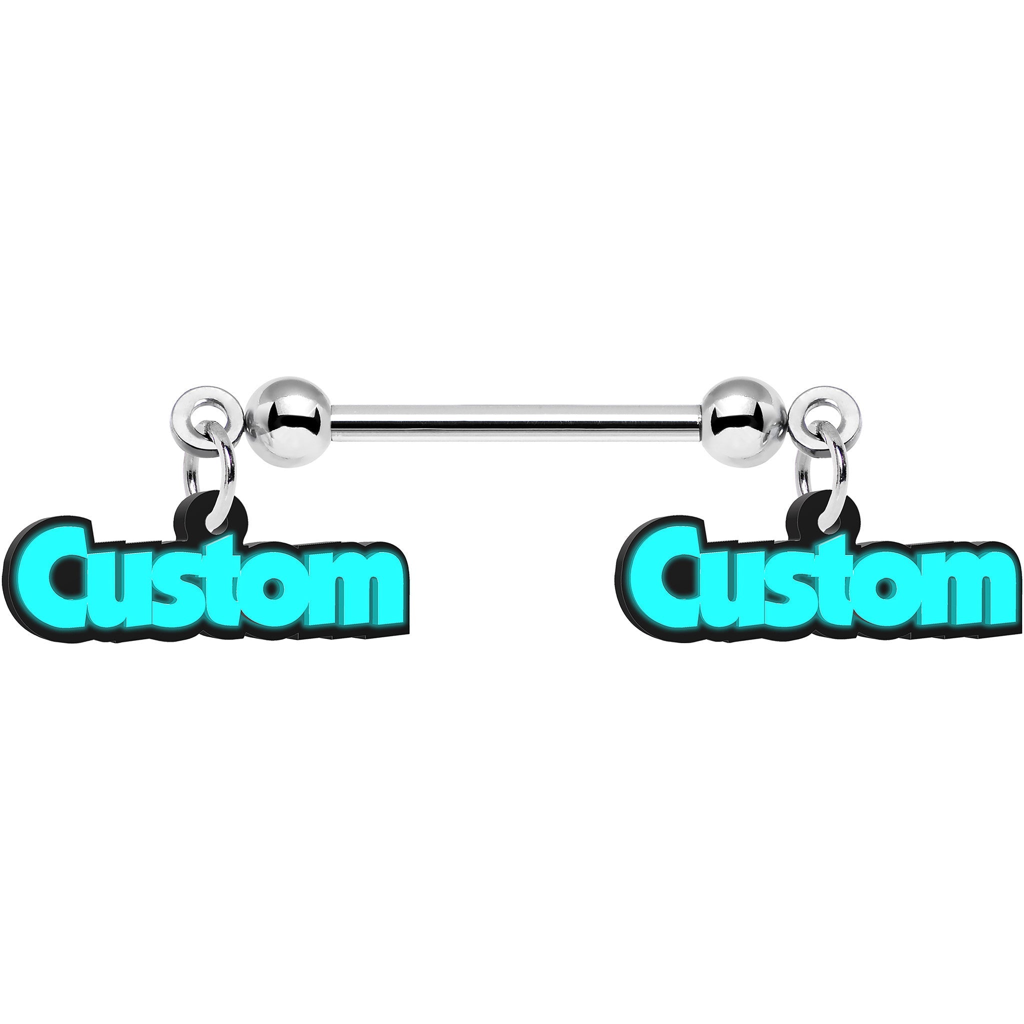 BodyCandy Custom Glow in the Dark Double Personalized Name Dangle Nipple Ring Set — detail close-up