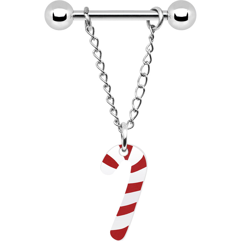BodyCandy 14G Christmas Candy Cane Chain Dangle Nipple Ring Set — detail close-up