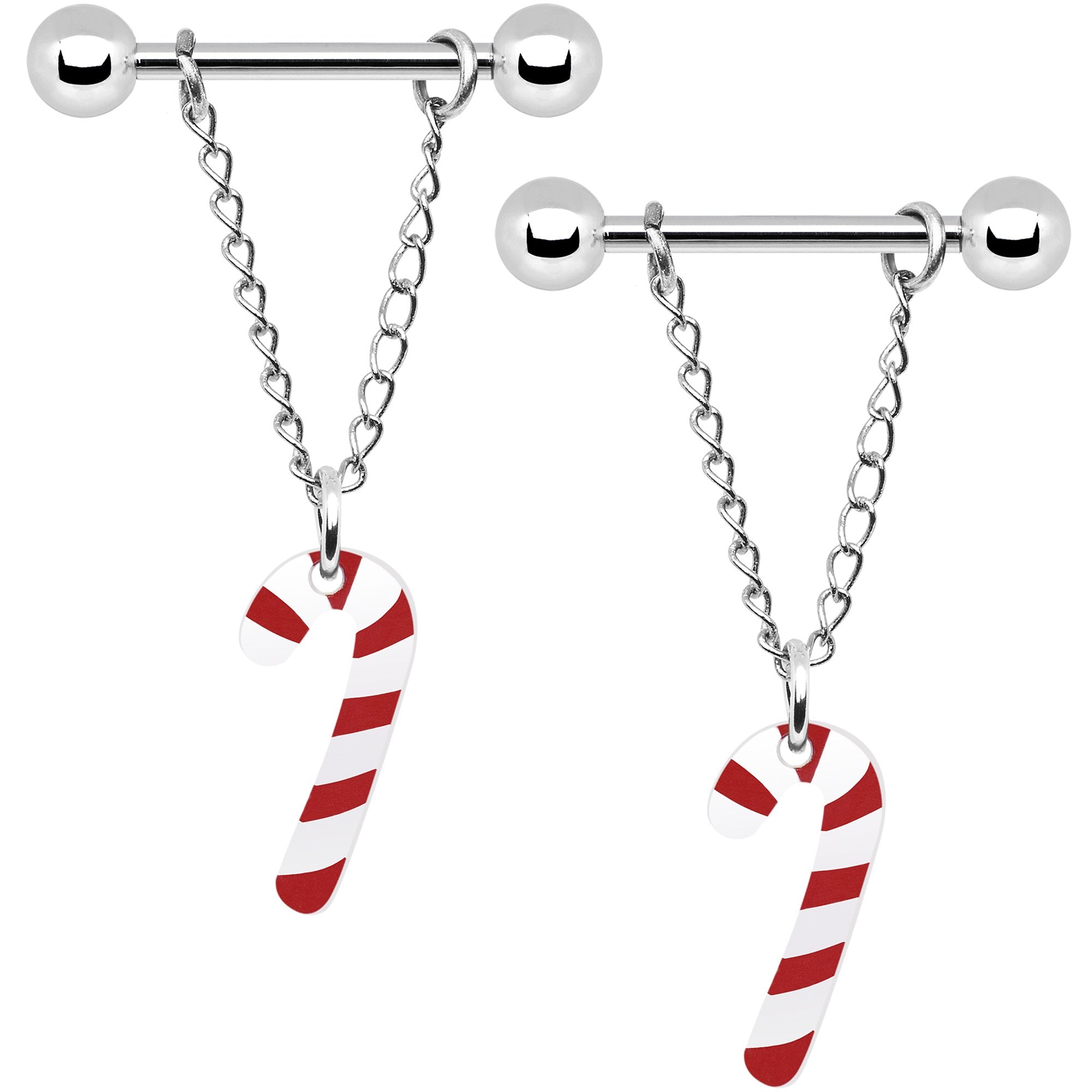 BodyCandy 14G Christmas Candy Cane Chain Dangle Nipple Ring Set — main product shot