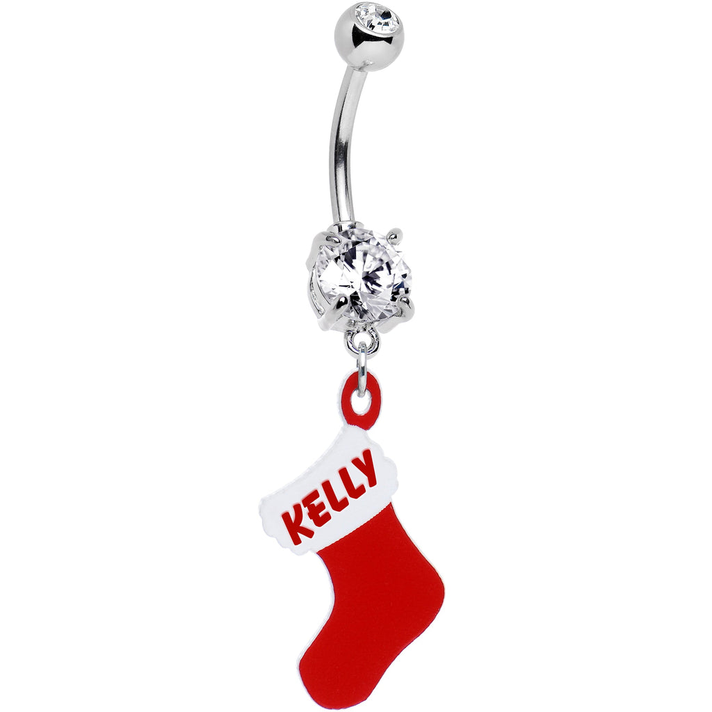 BodyCandy Clear Gem Custom Christmas Stocking Personalized Dangle Belly Ring — detail close-up