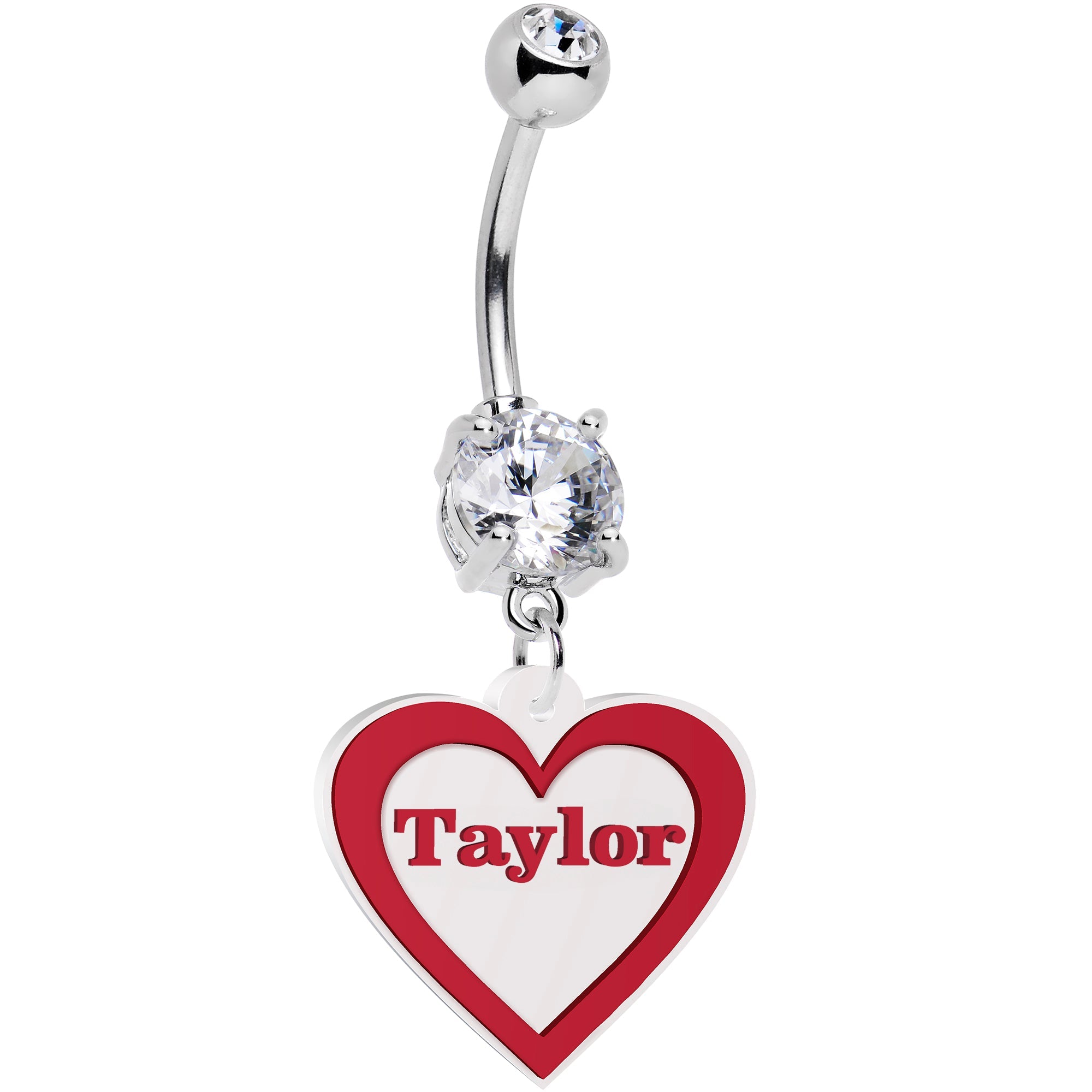 BodyCandy Custom Double Gem Red White Valentines Day Heart Personalized Dangle Belly Ring — detail close-up