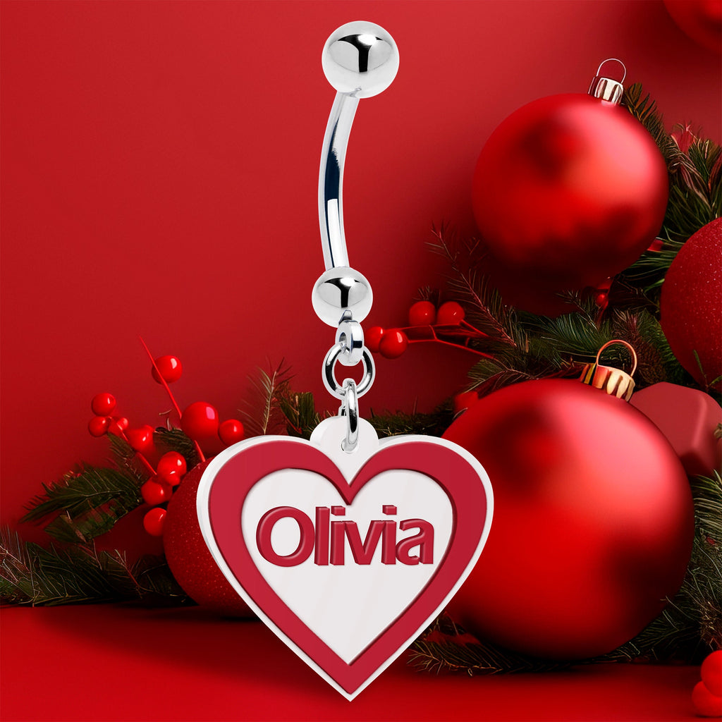 BodyCandy Custom Red White Valentines Day Heart Personalized Dangle Belly Ring — back view