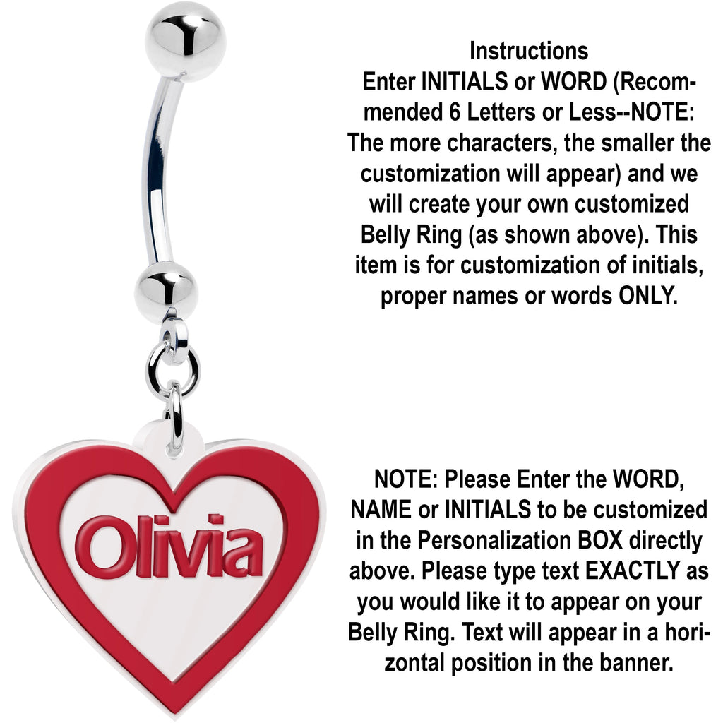 BodyCandy Custom Red White Valentines Day Heart Personalized Dangle Belly Ring — side view