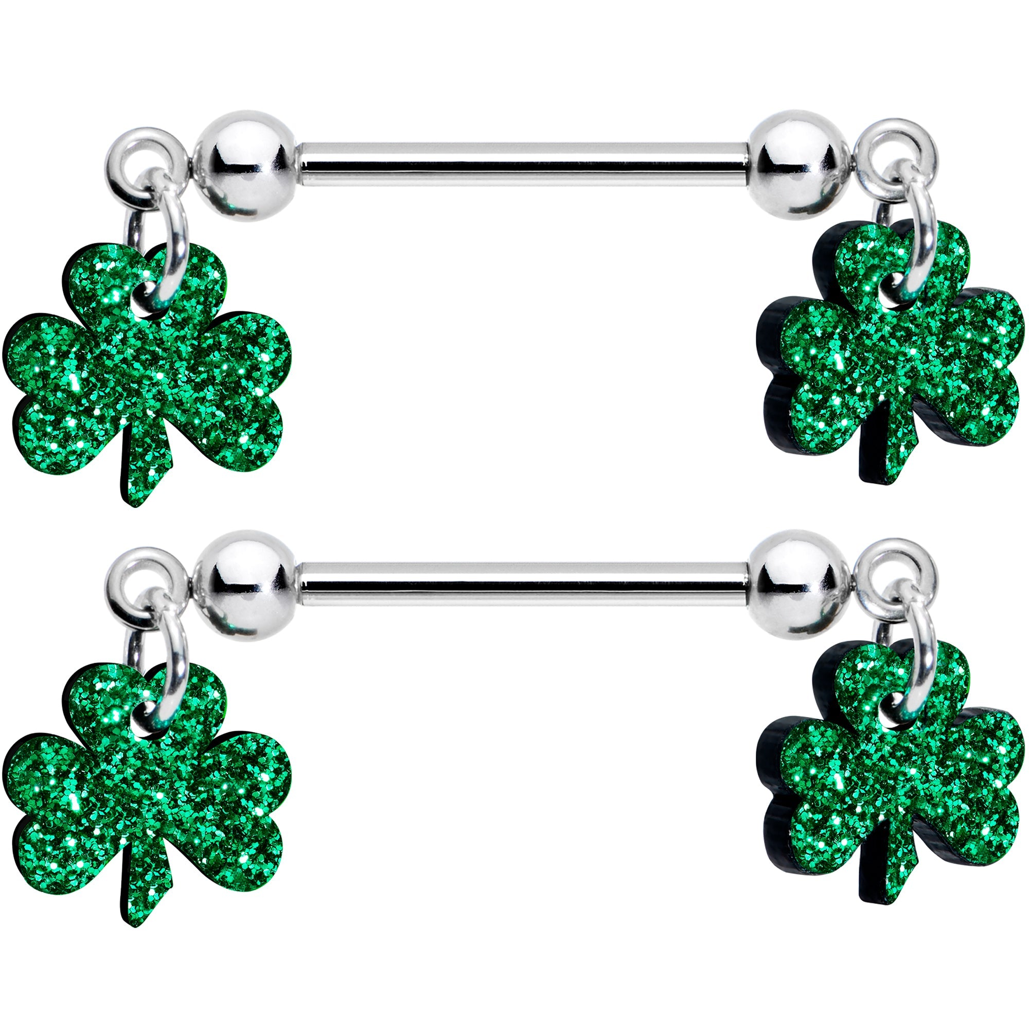 BodyCandy 14G 5/8 Green Glitter St Patricks Day Shamrock Nipple Ring Set — detail close-up