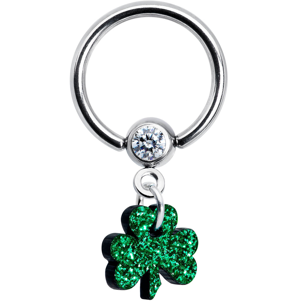 BodyCandy Green Glitter Shamrock Captive Ring — detail close-up