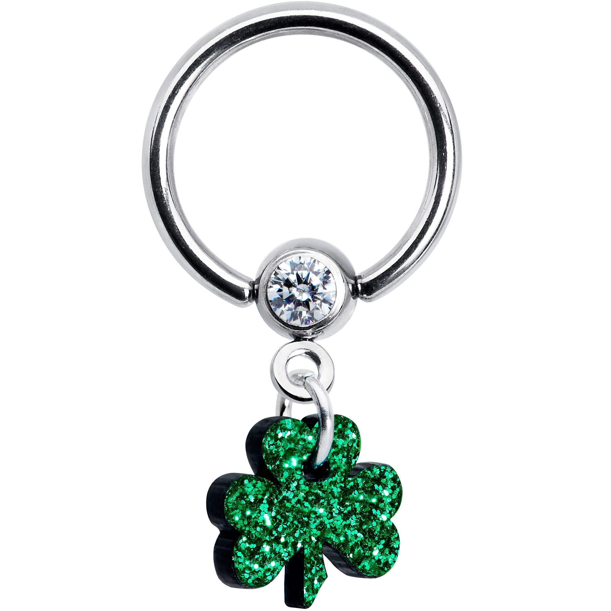BodyCandy Green Glitter Shamrock Captive Ring — detail close-up
