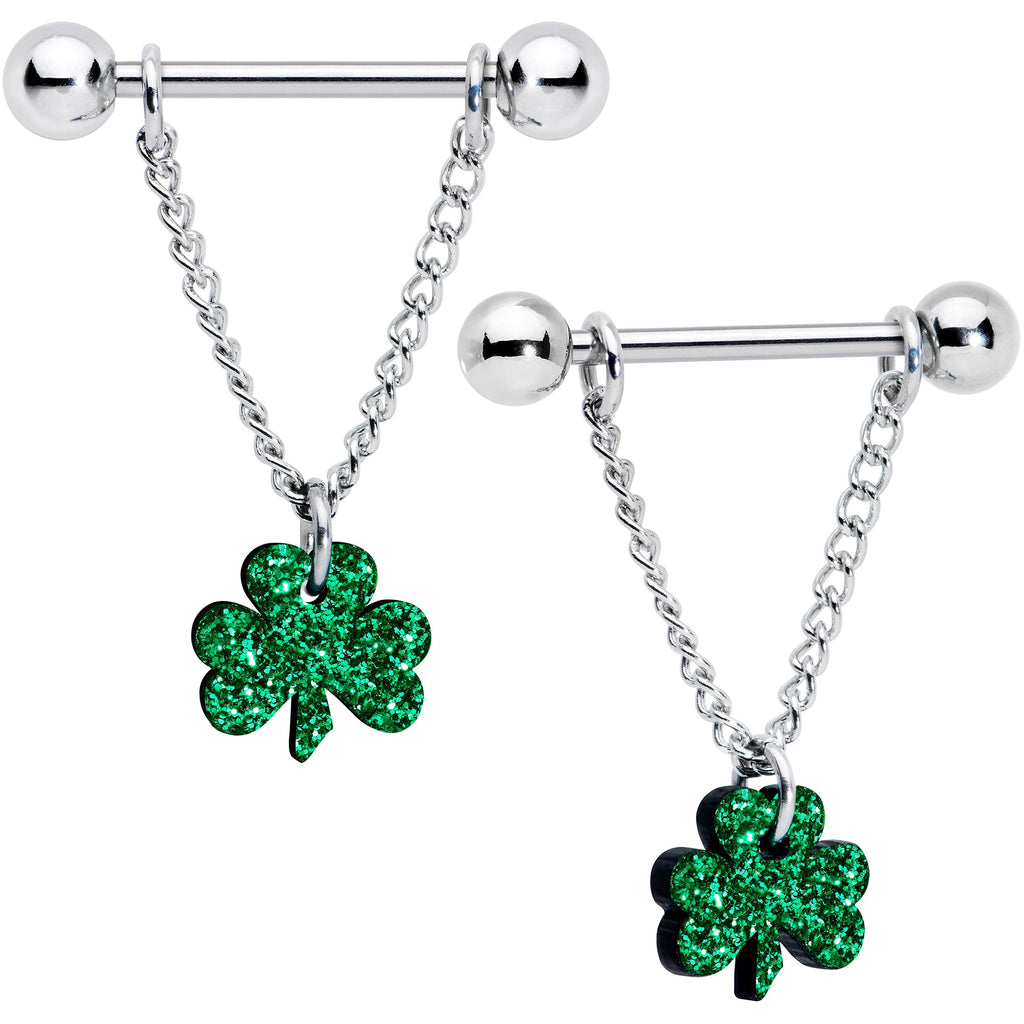 BodyCandy 14G 5/8 Green Glitter Shamrock Chain Dangle Nipple Ring Set — main product shot