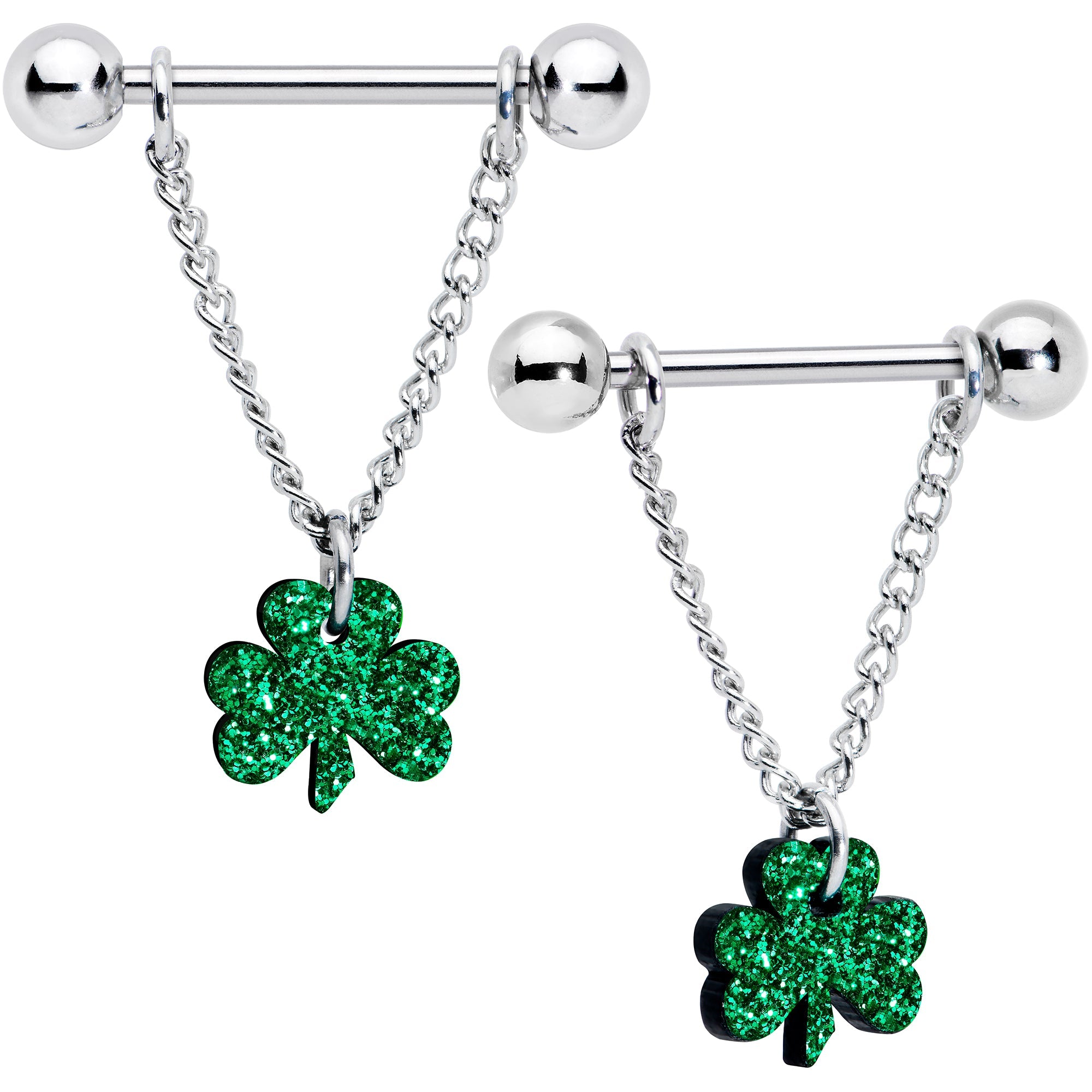 BodyCandy 14G 5/8 Green Glitter Shamrock Chain Dangle Nipple Ring Set — main product shot