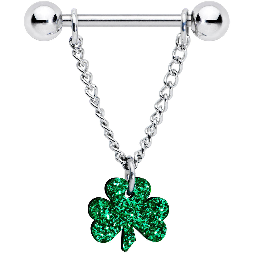 BodyCandy 14G 5/8 Green Glitter Shamrock Chain Dangle Nipple Ring Set — detail close-up