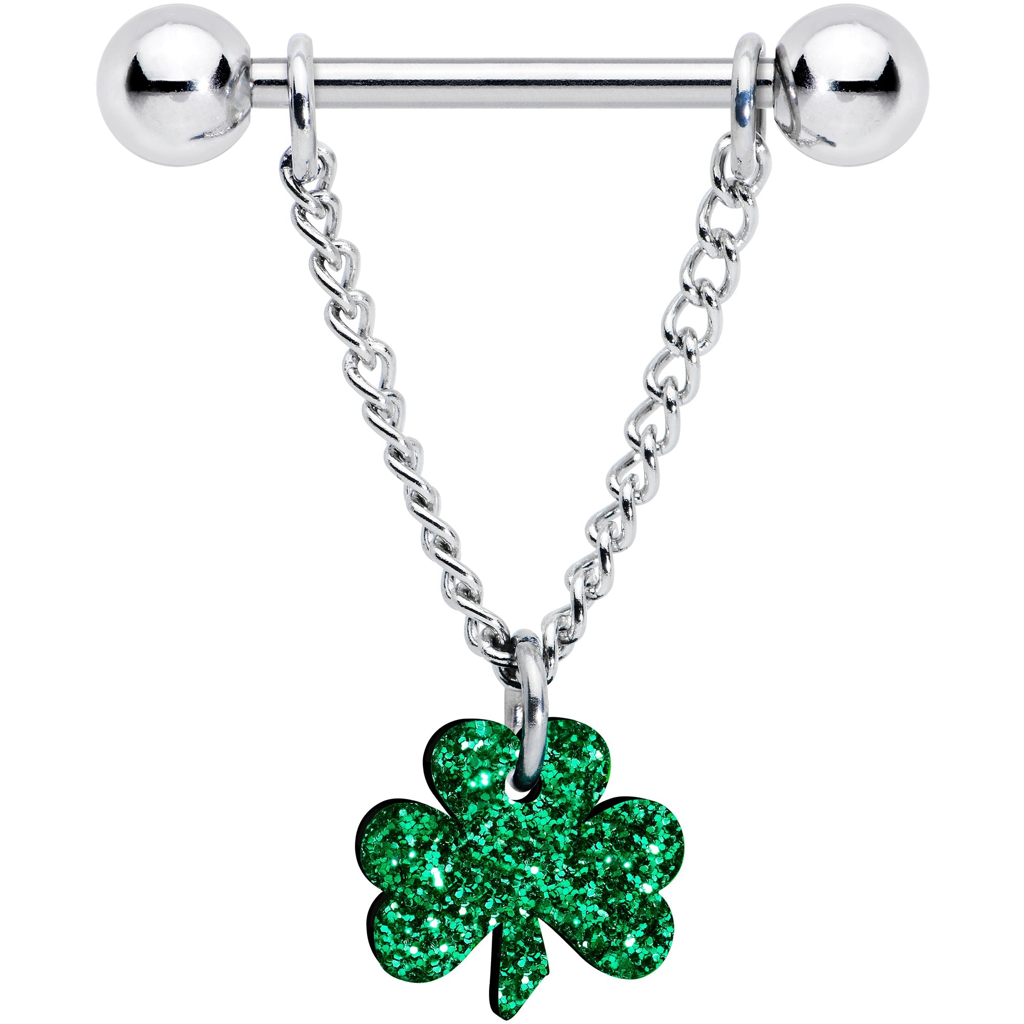 BodyCandy 14G 5/8 Green Glitter Shamrock Chain Dangle Nipple Ring Set — detail close-up
