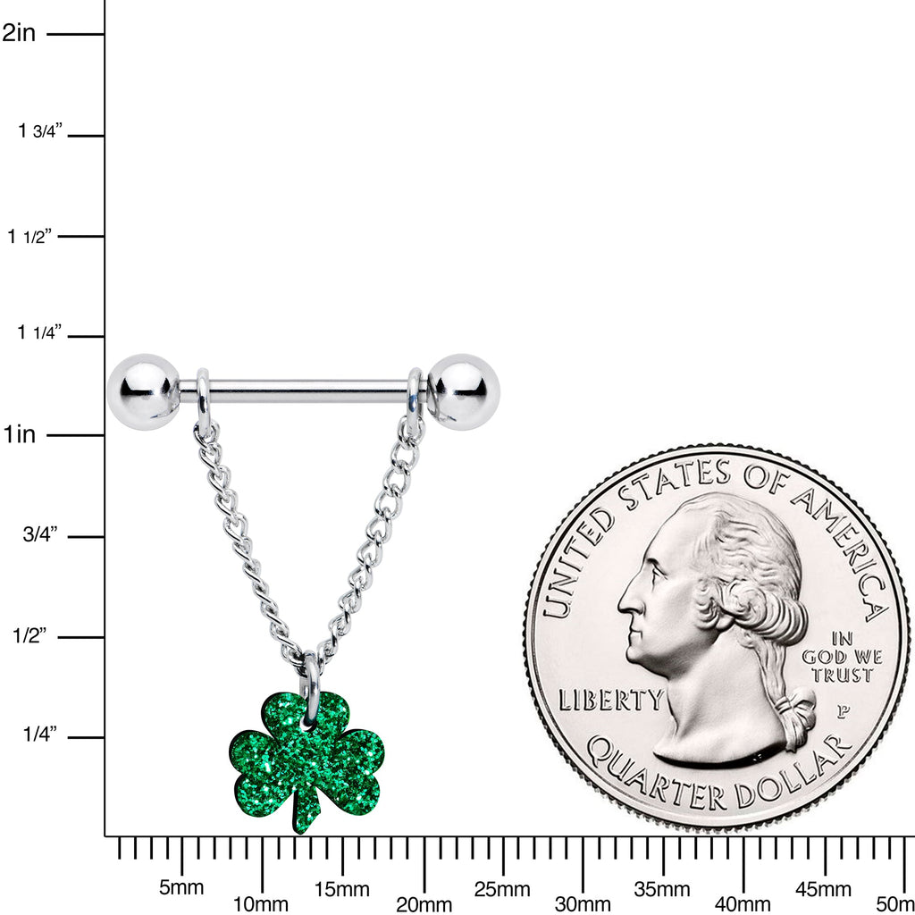 BodyCandy 14G 5/8 Green Glitter Shamrock Chain Dangle Nipple Ring Set — lifestyle context