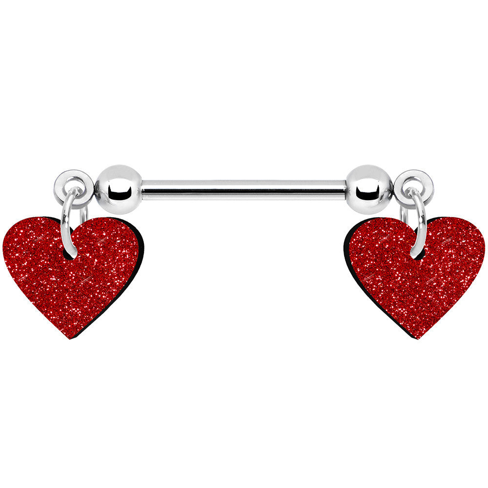 BodyCandy 14G 5/8 Red Glitter Valentines Day Heart Nipple Ring Set — main product shot