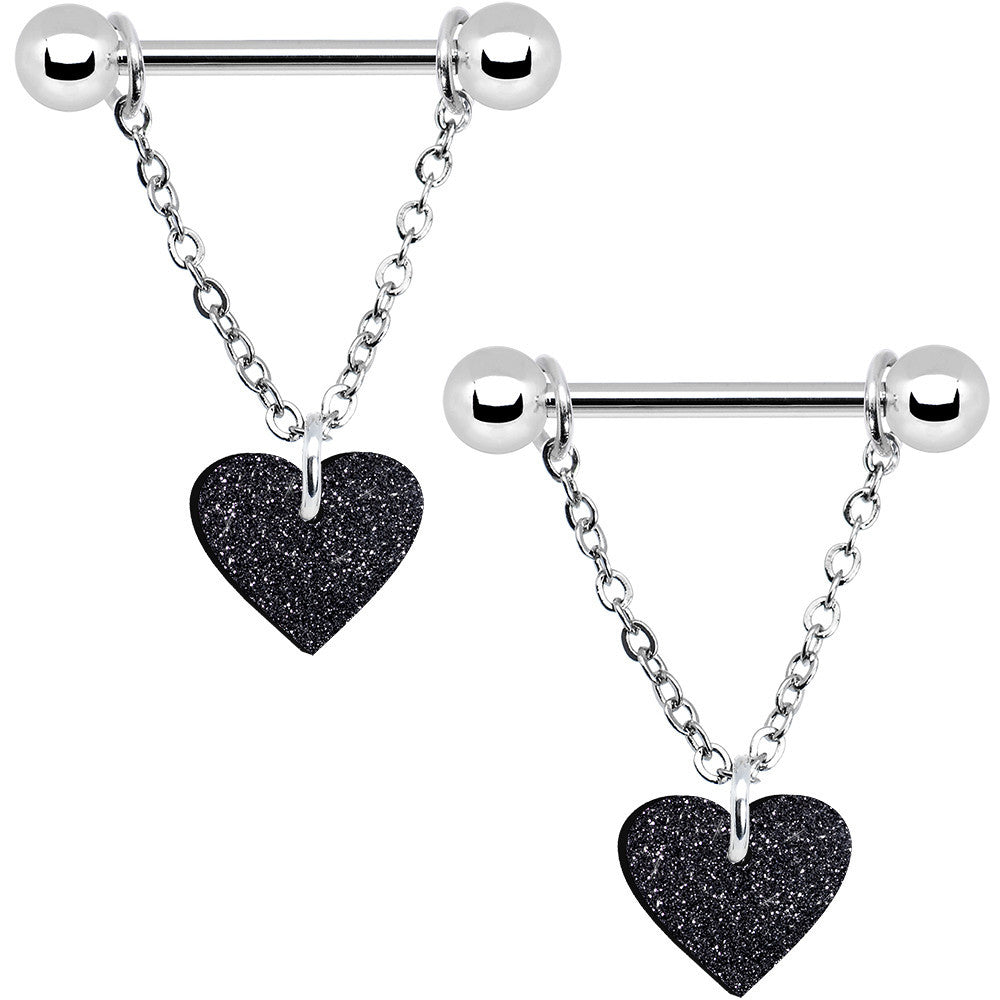 BodyCandy Black Glitter Heart Chain Dangle Nipple Ring Set — main product shot