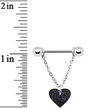 BodyCandy Black Glitter Heart Chain Dangle Nipple Ring Set — detail close-up