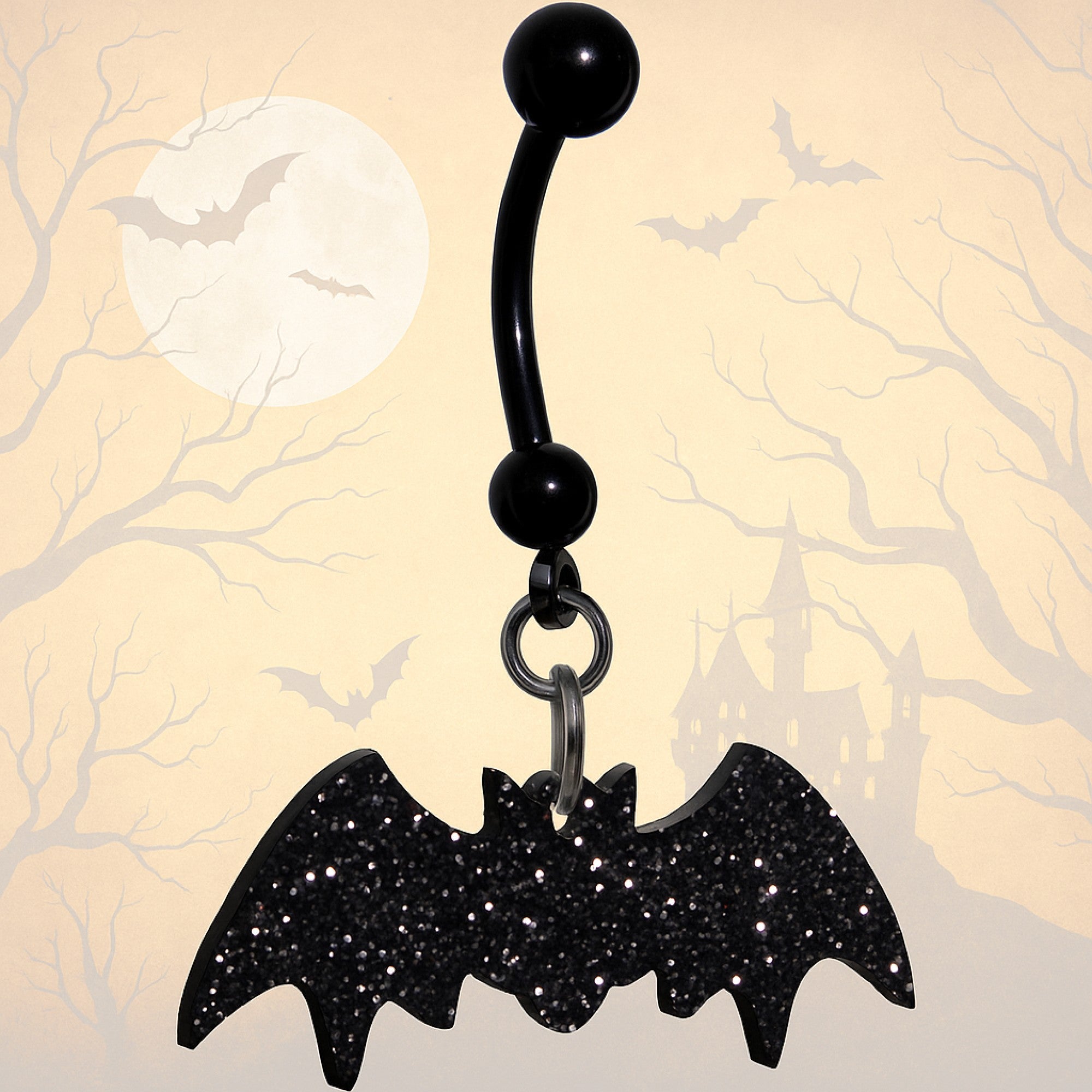 BodyCandy Glittery Black Bat Dangle Belly Ring — lifestyle context