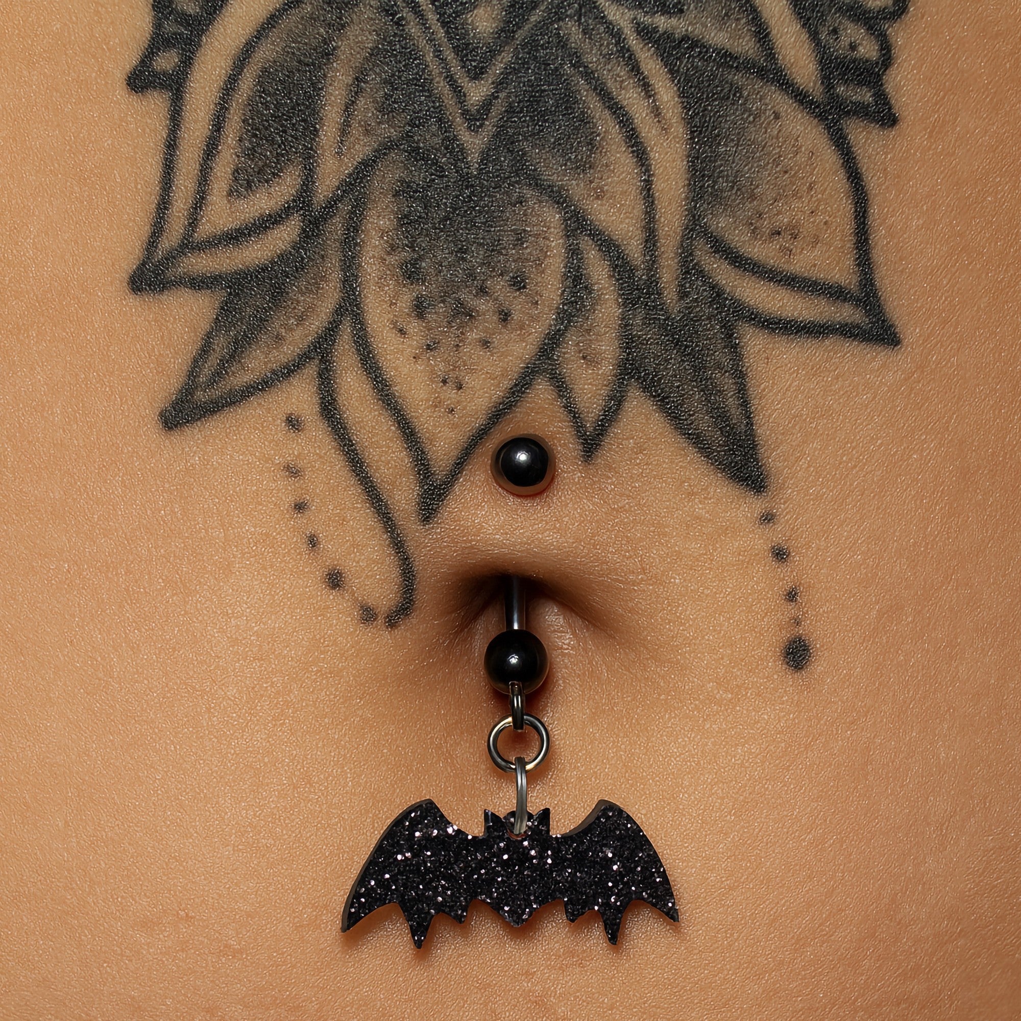 BodyCandy Glittery Black Bat Dangle Belly Ring — side view