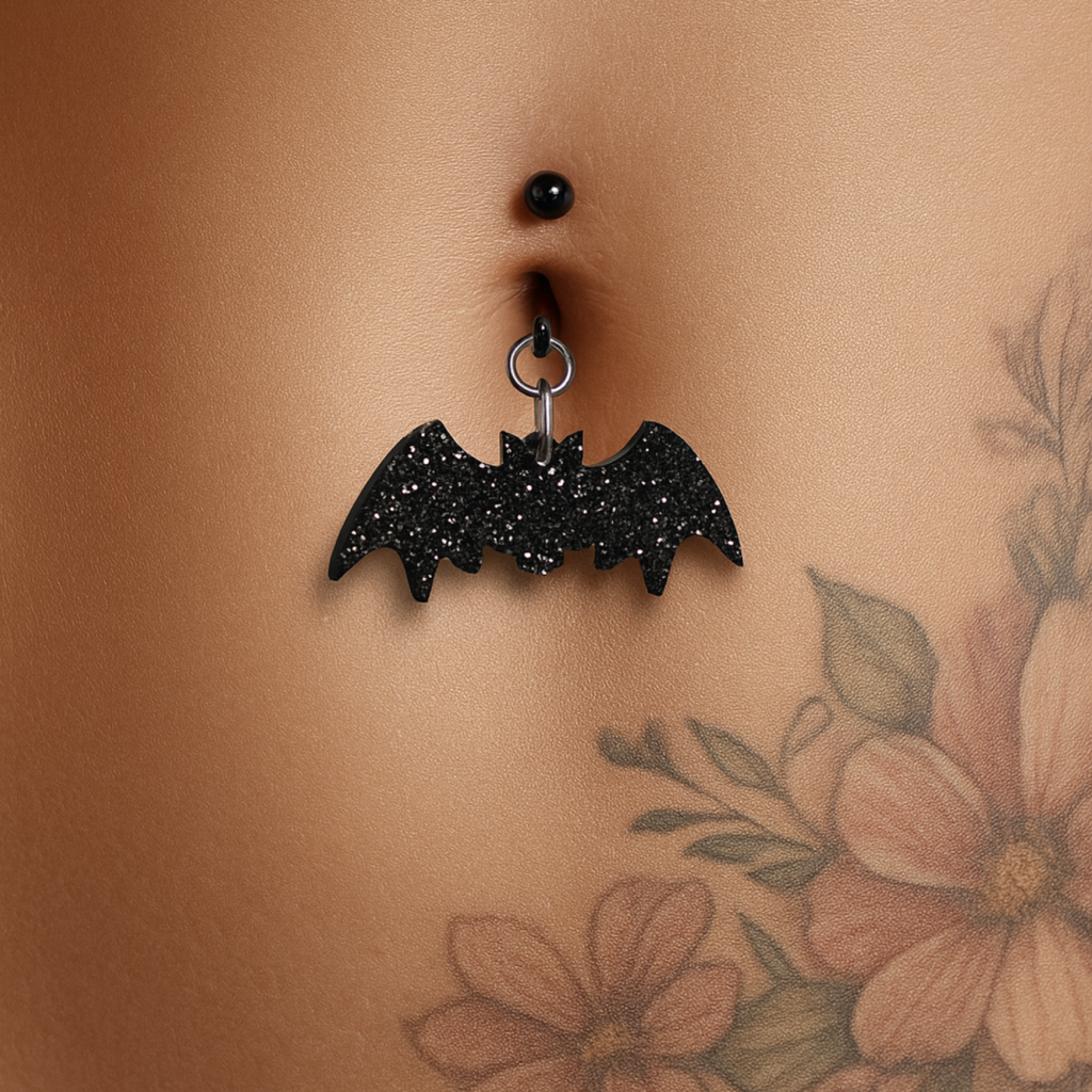 BodyCandy Glittery Black Bat Dangle Belly Ring — detail close-up