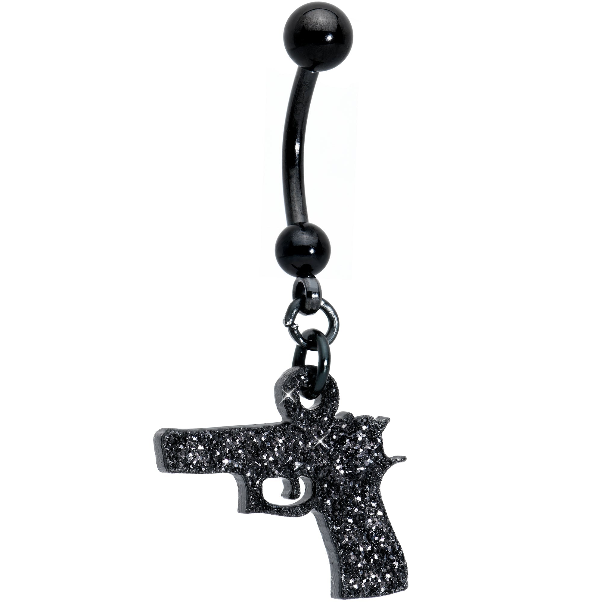 BodyCandy Jet Black Glitter Gun Dangle Belly Ring — back view