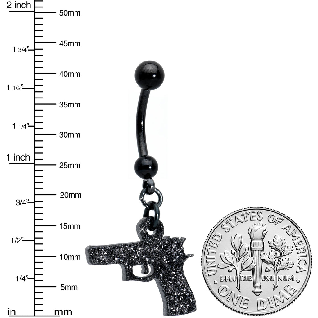 BodyCandy Jet Black Glitter Gun Dangle Belly Ring — detail close-up