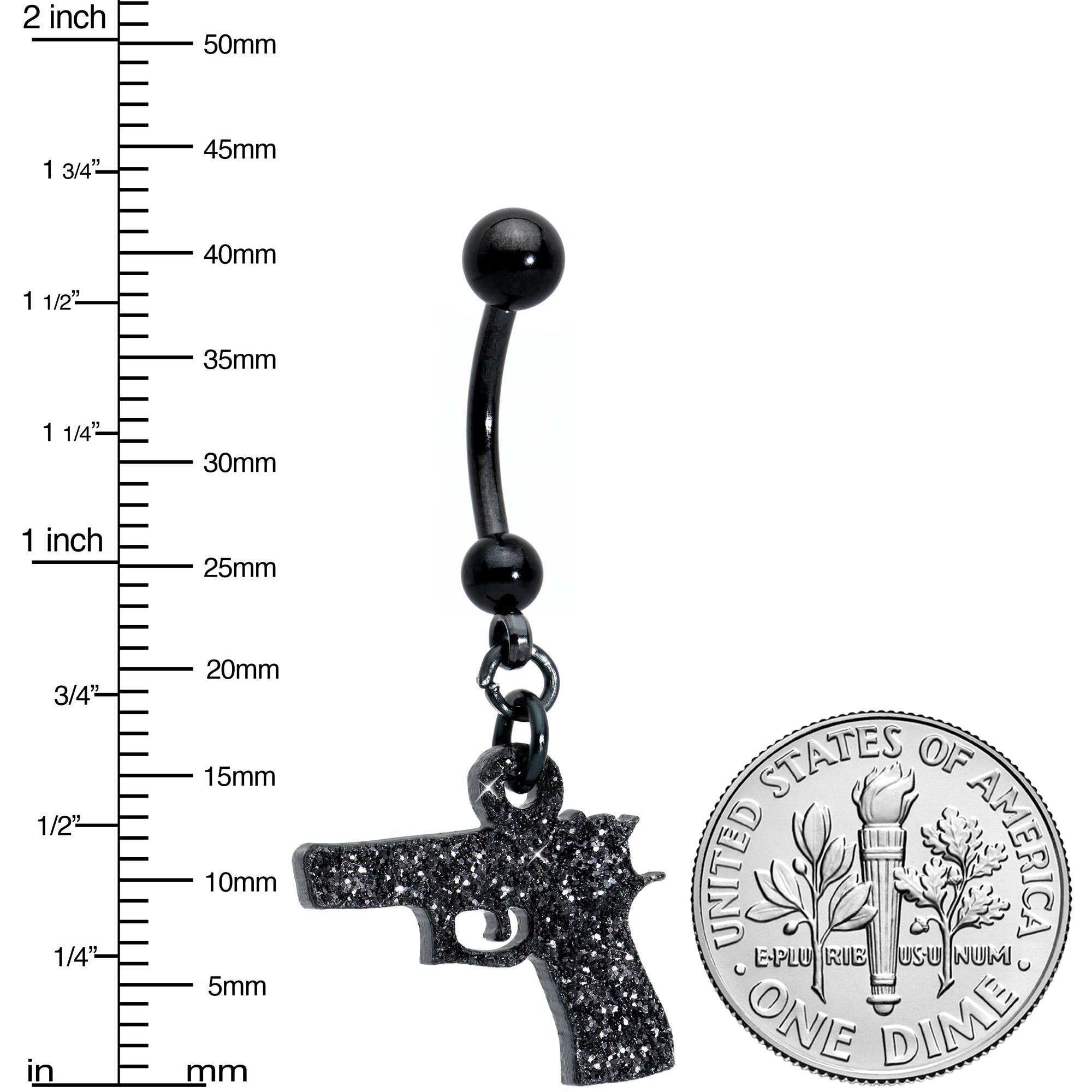 BodyCandy Jet Black Glitter Gun Dangle Belly Ring — detail close-up