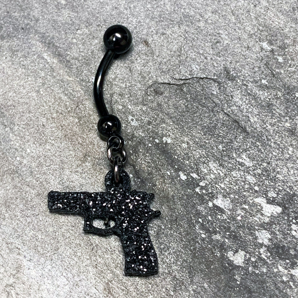BodyCandy Jet Black Glitter Gun Dangle Belly Ring — alternative angle