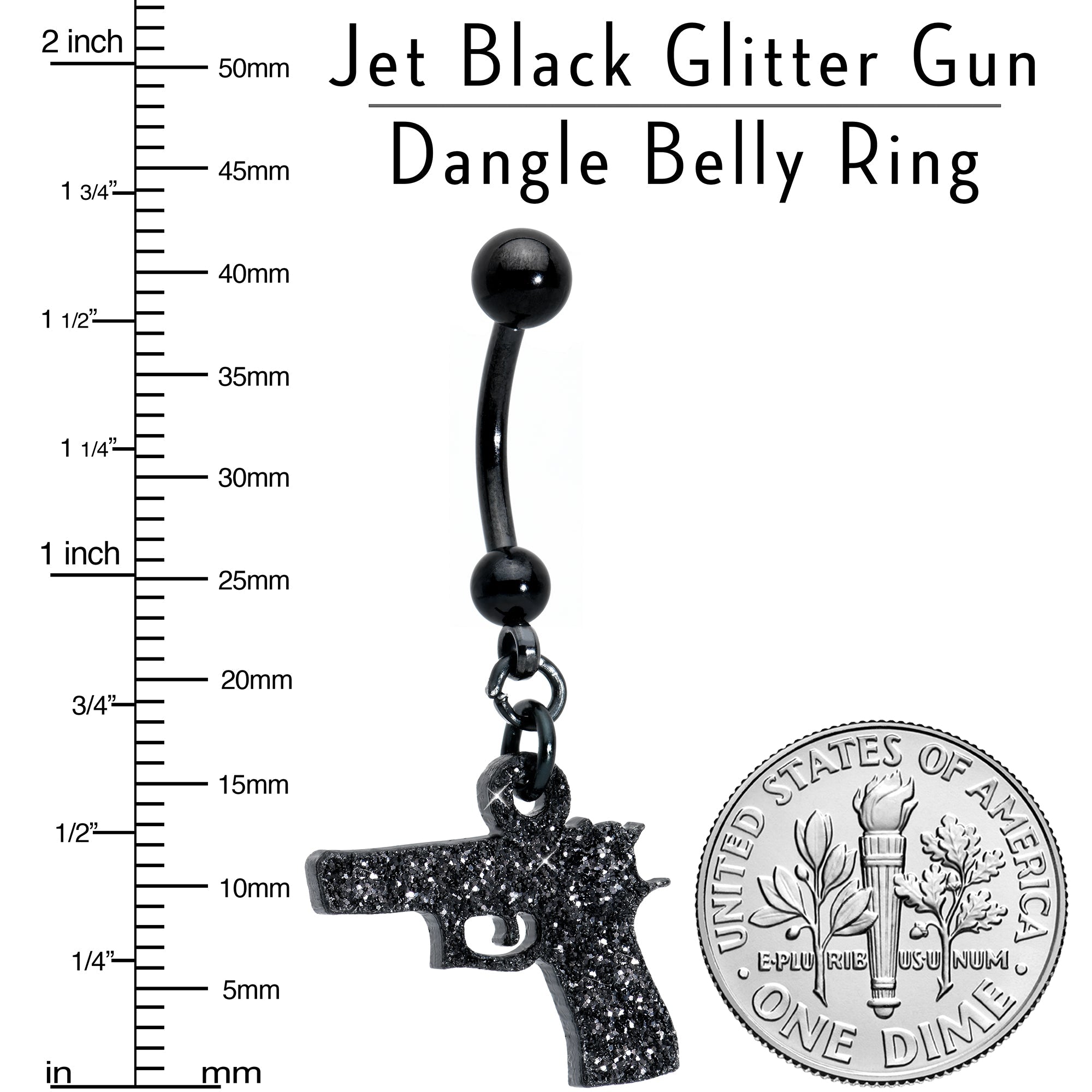 BodyCandy Jet Black Glitter Gun Dangle Belly Ring — in-use photo
