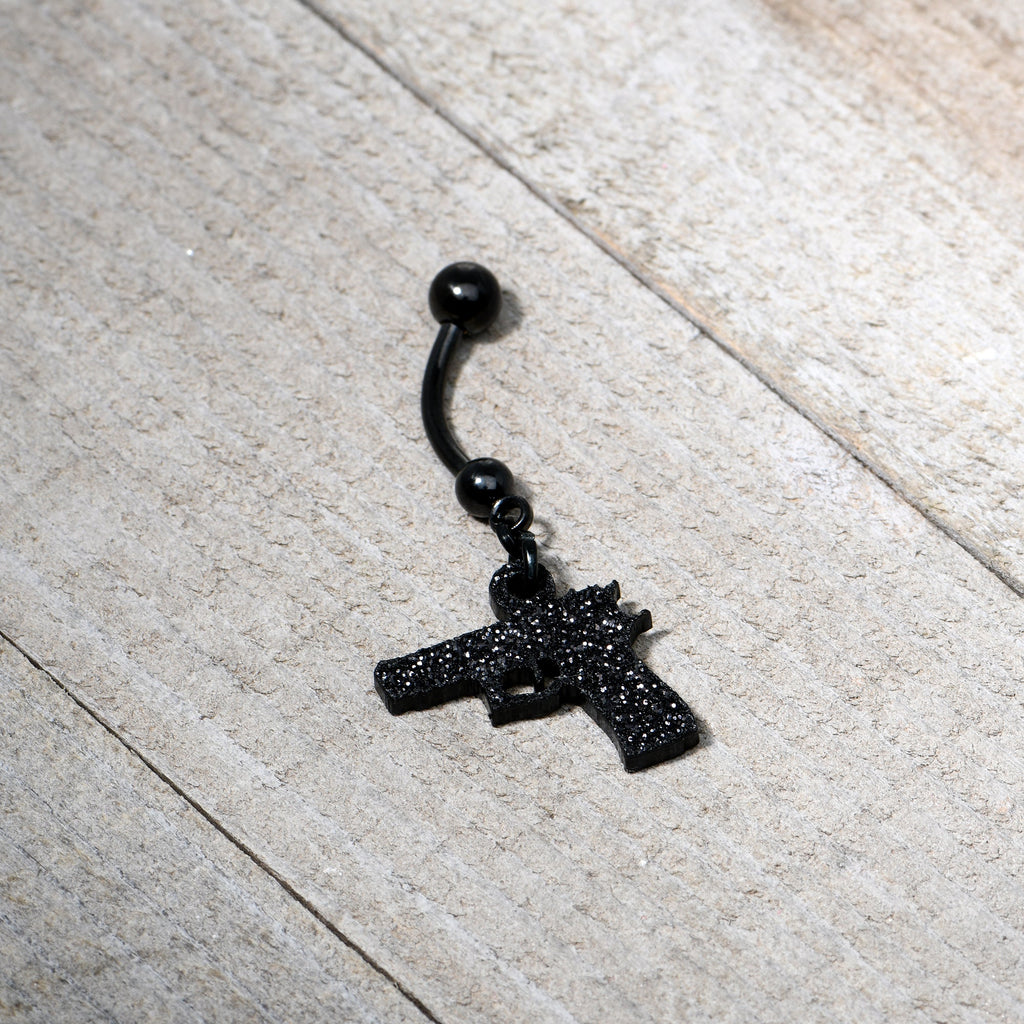 BodyCandy Jet Black Glitter Gun Dangle Belly Ring — side view