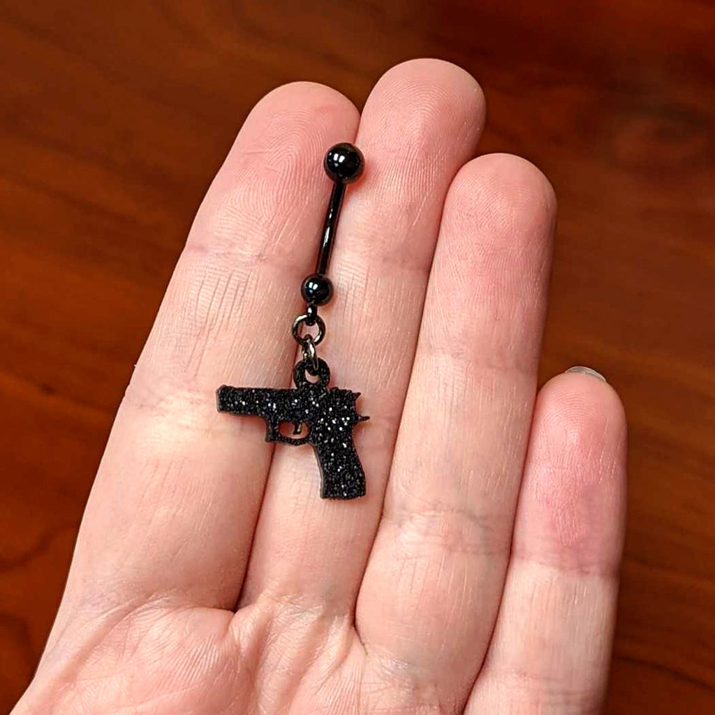 BodyCandy Jet Black Glitter Gun Dangle Belly Ring — color detail
