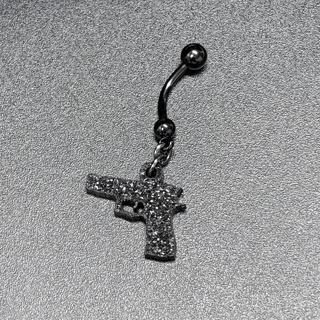 BodyCandy Jet Black Glitter Gun Dangle Belly Ring — fabric or material detail
