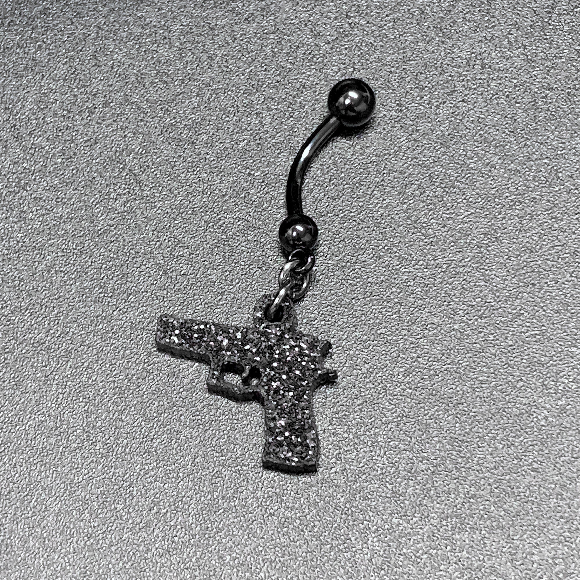BodyCandy Jet Black Glitter Gun Dangle Belly Ring — fabric or material detail