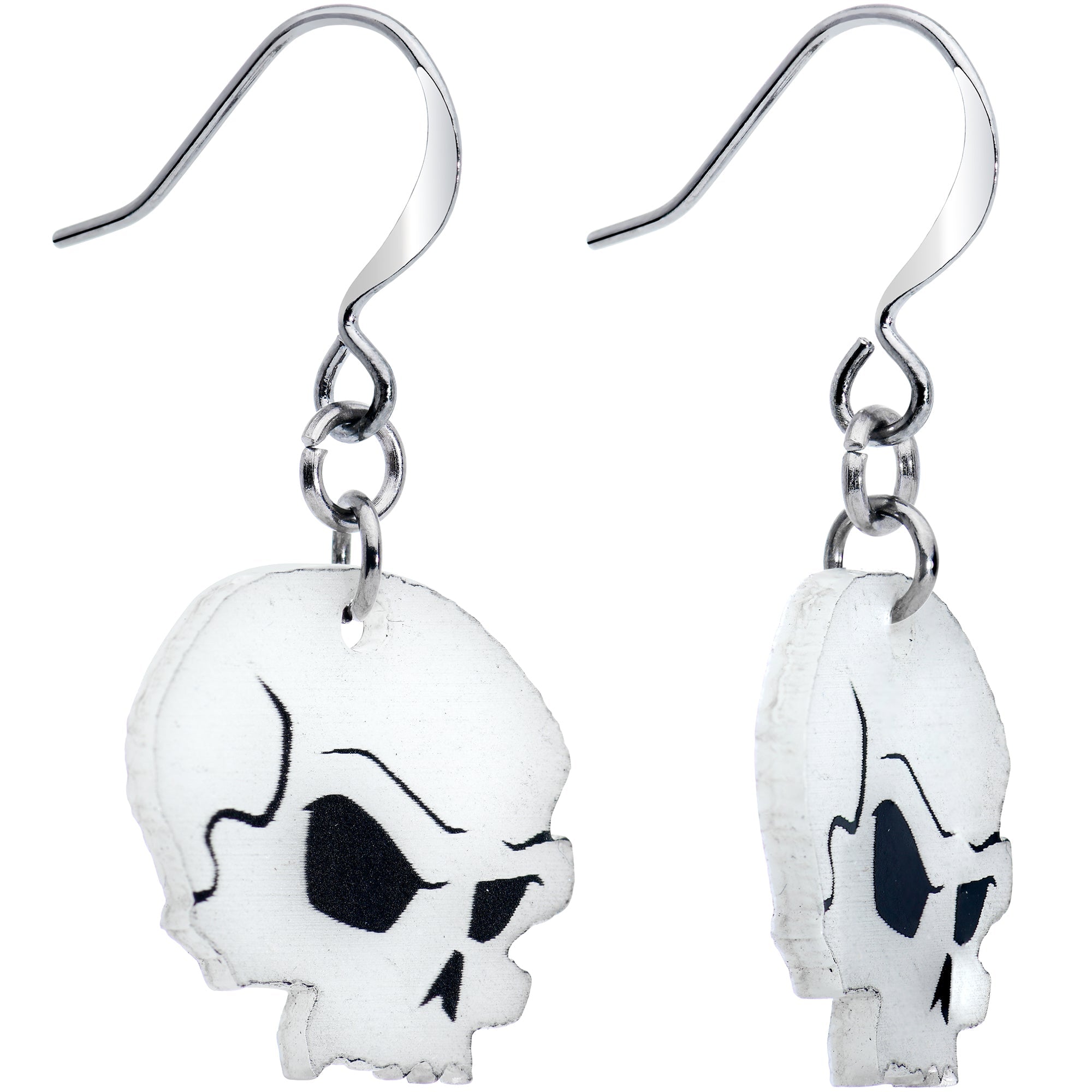 BodyCandy Creepy Skull Glow in the Dark Halloween Fishhook Dangle Earrings — detail close-up