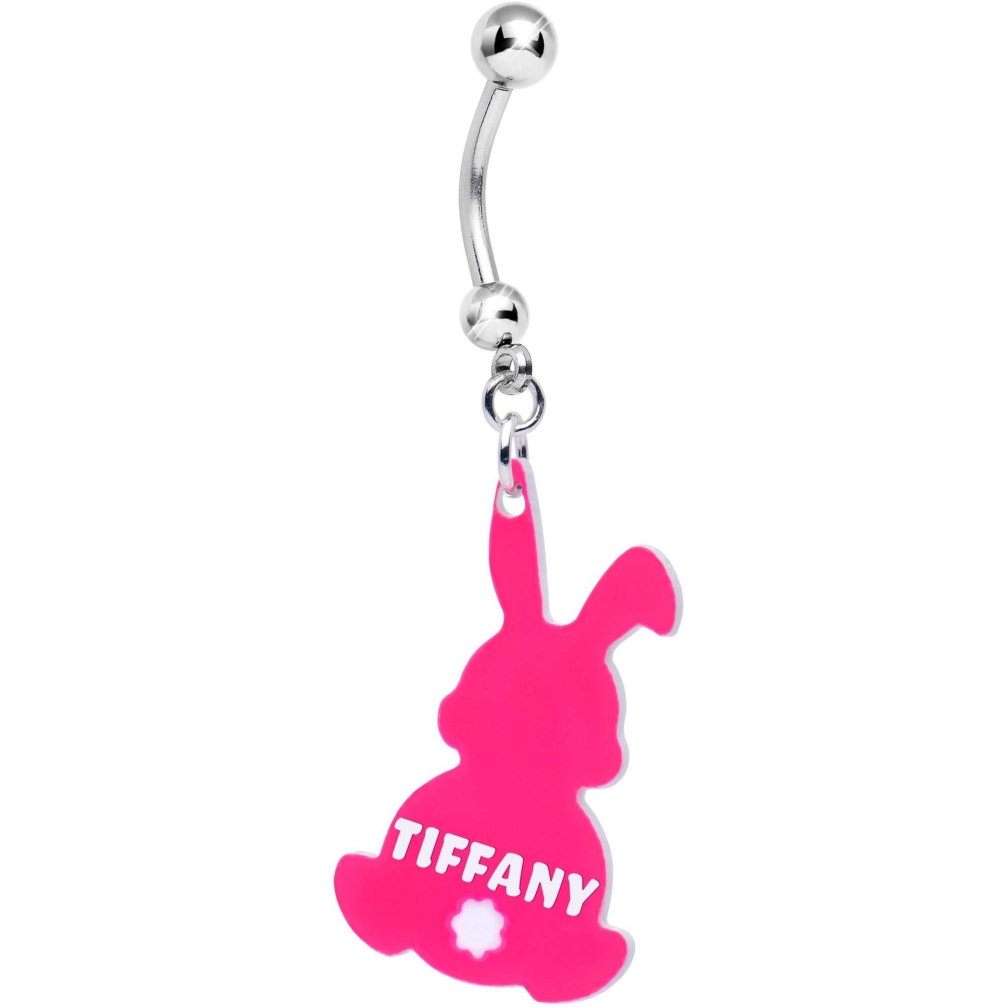 BodyCandy Custom Pink Bunny Rabbit Personalized Dangle Belly Ring — detail close-up