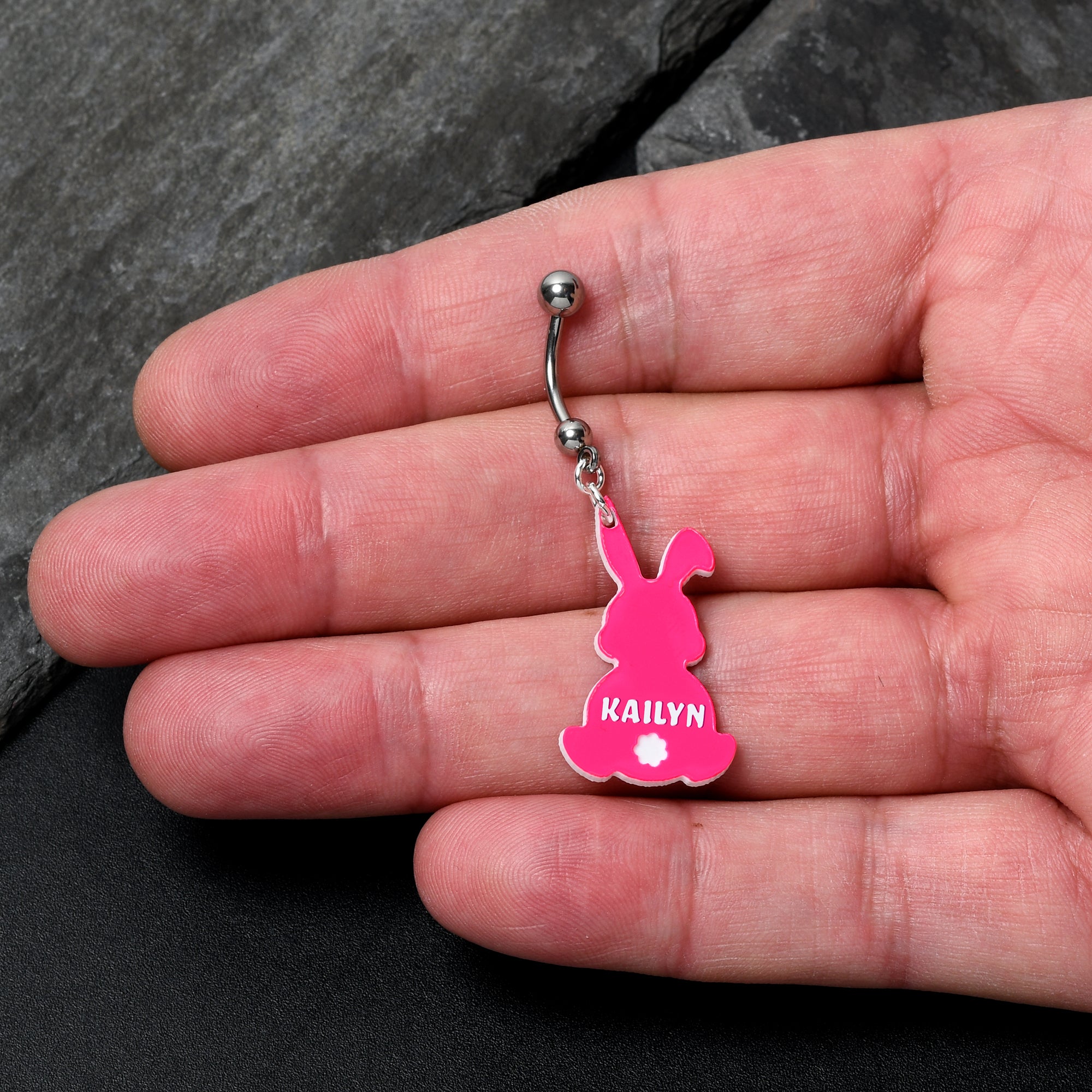 BodyCandy Custom Pink Bunny Rabbit Personalized Dangle Belly Ring — lifestyle context