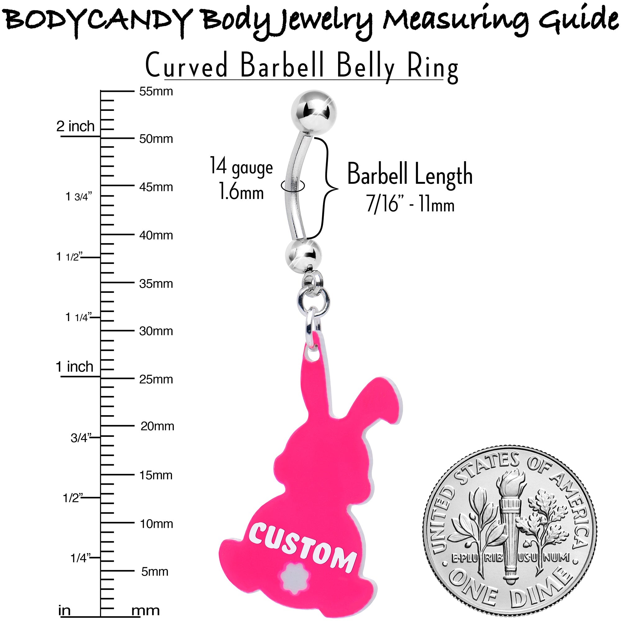 BodyCandy Custom Pink Bunny Rabbit Personalized Dangle Belly Ring — size reference