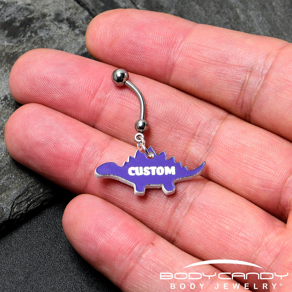 BodyCandy Custom Purple Stegosaurus Dinosaur Personalized Dangle Belly Ring — detail close-up