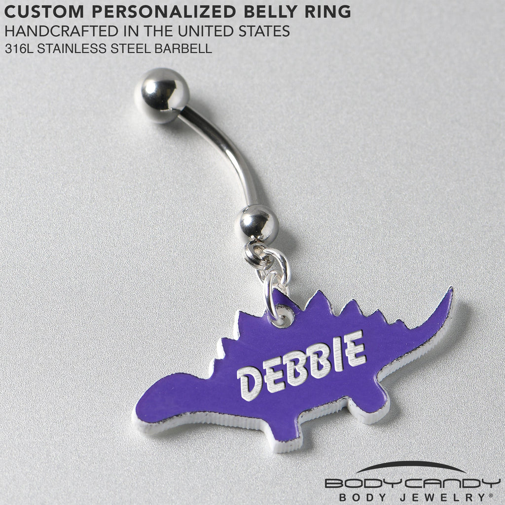 BodyCandy Custom Purple Stegosaurus Dinosaur Personalized Dangle Belly Ring — side view