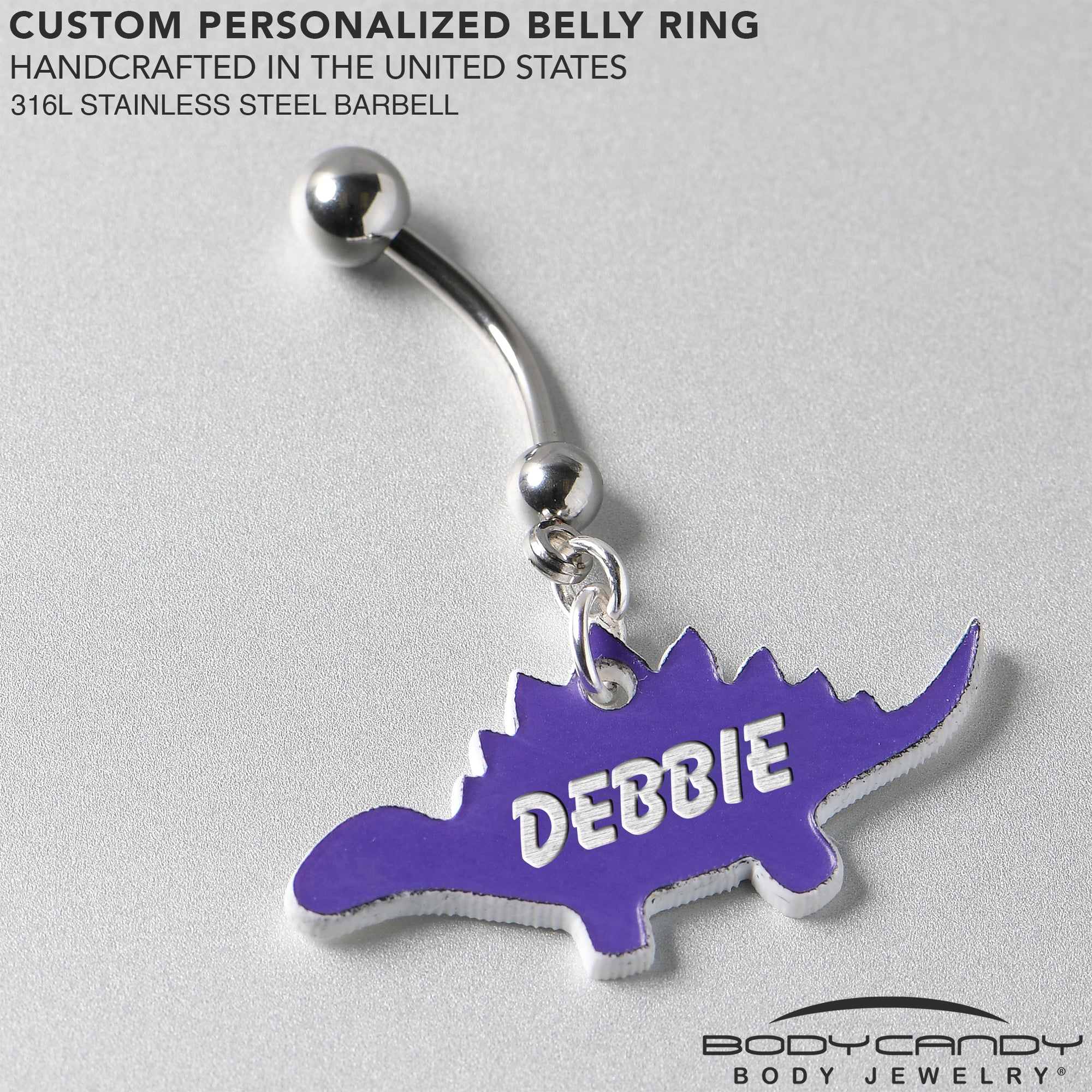 BodyCandy Custom Purple Stegosaurus Dinosaur Personalized Dangle Belly Ring — side view