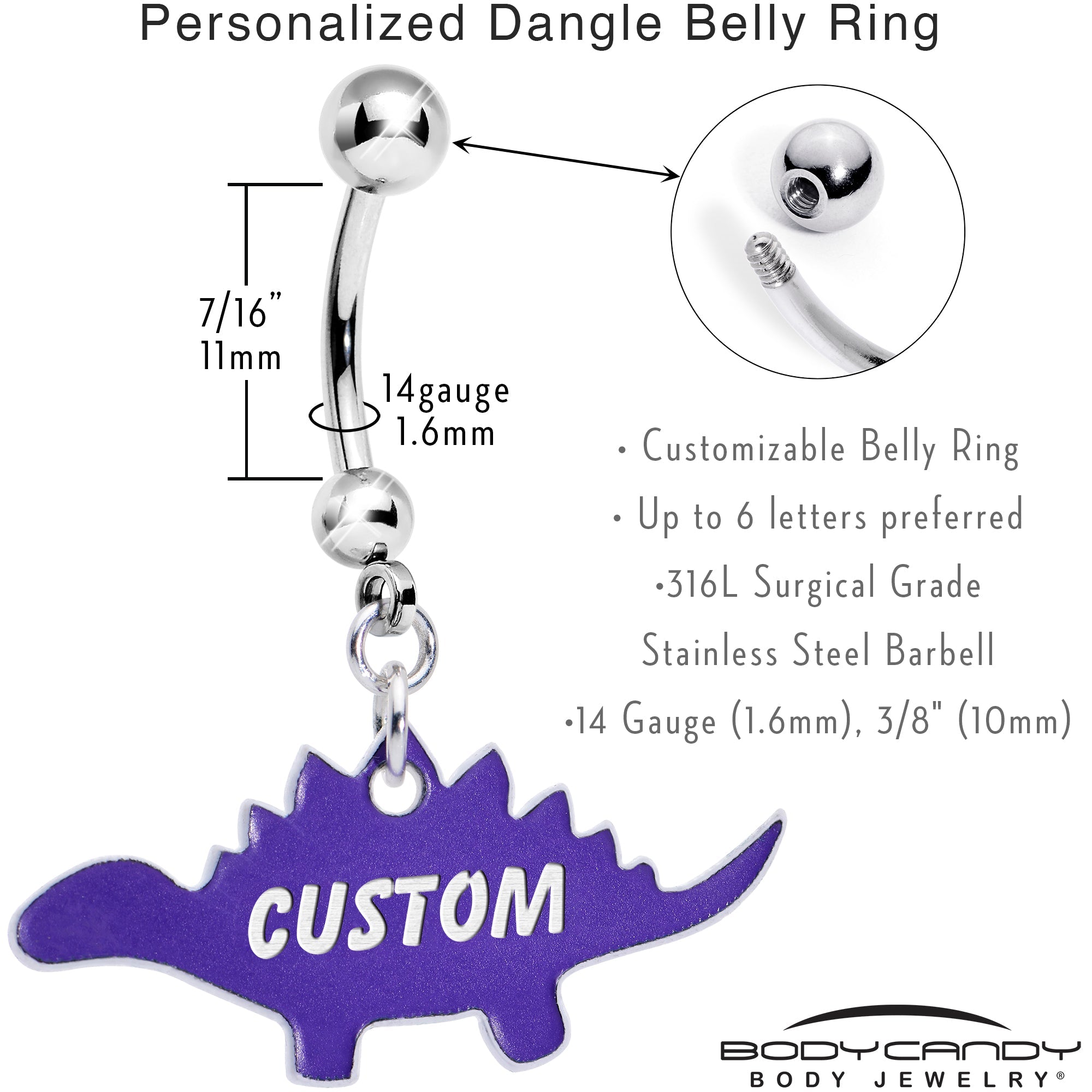BodyCandy Custom Purple Stegosaurus Dinosaur Personalized Dangle Belly Ring — back view