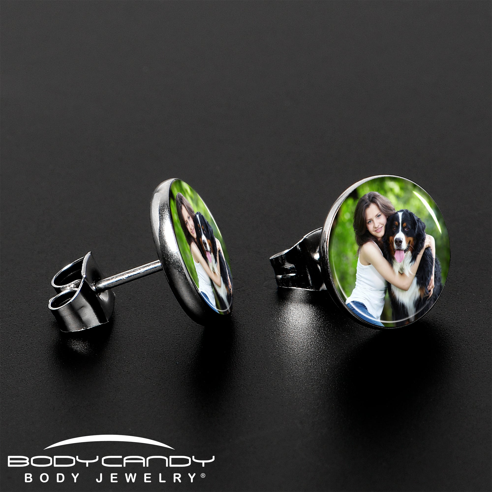 BodyCandy Custom Full Color Photo Stud Earrings — lifestyle context